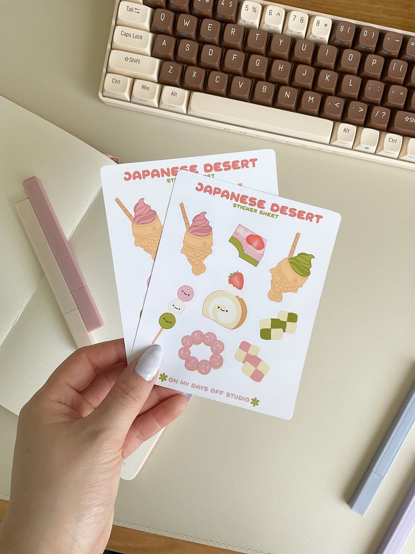 This stationery sticker sheet features a Japanese dessert theme and has 8 colorful illustrations. These illustrations include taiyaki, mini cake slice, dango, sugar cookies & mochi donut. These glossy stickers are perfect for planners and bullet journals. 