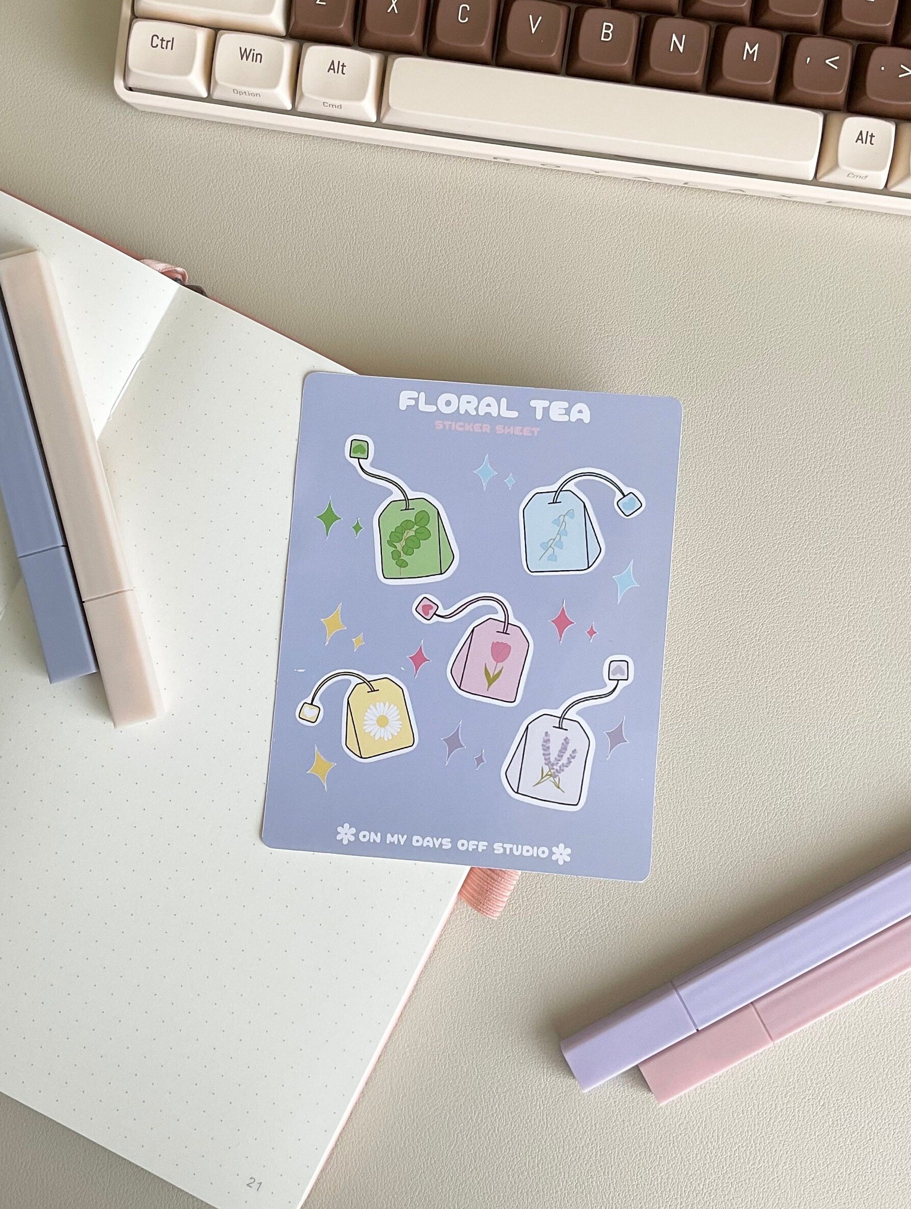 This kawaii floral tea sticker sheet features 5 colorful illustrations. These illustrations feature whimsical tea bags with floral designs. These glossy stickers are perfect for bullet journals and planners. 