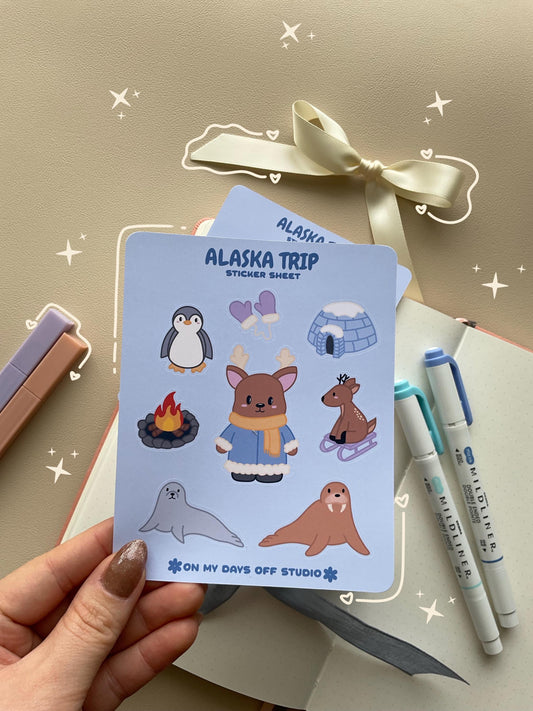 This stationery sticker sheet features a Alaska theme and has 9 colorful illustrations, including reindeer, walrus, penguin, igloo, seal and more. These glossy stickers are perfect for planners and bullet journals. 