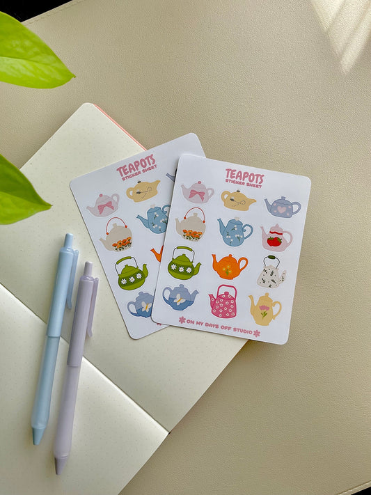 This stationery sticker sheet features a colorful teapot theme and has 12 colorful illustrations. These glossy stickers are perfect for planners and bullet journals.