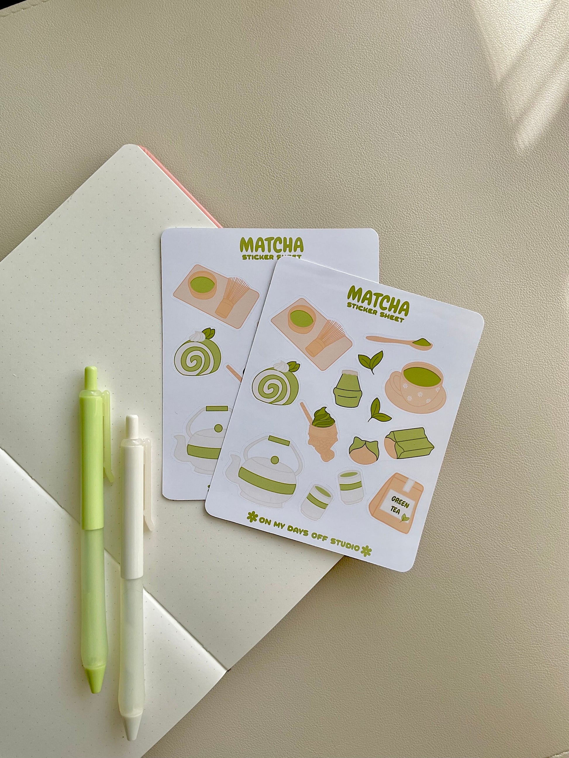 This stationery sticker sheet features a green tea theme and has 13 colorful illustrations. These illustrations include matcha cup, green tea cake roll, matcha leaves, green tea ice cream and other green tea good items.These glossy stickers are perfect for planners and bullet journals. 