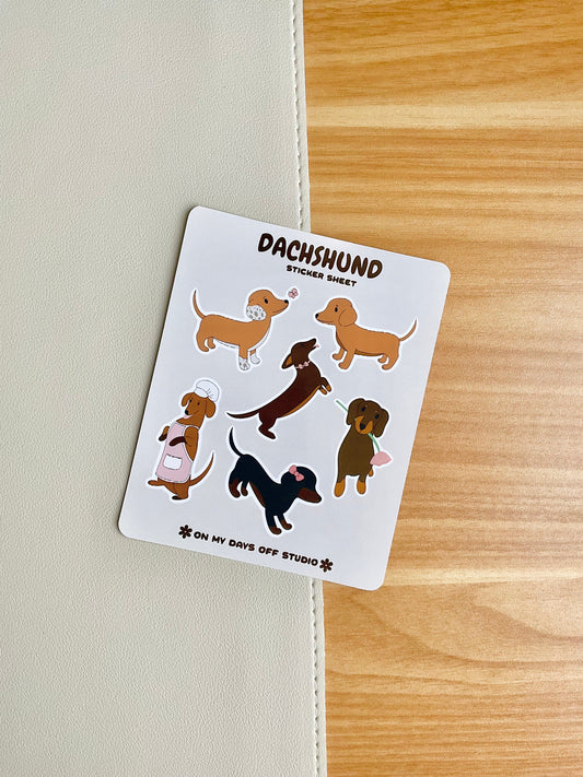This stationery sticker sheet features 6 Dachshund puppy themed illustrations. These stationery stickers are glossy and perfect for all your planner and bullet journal needs.