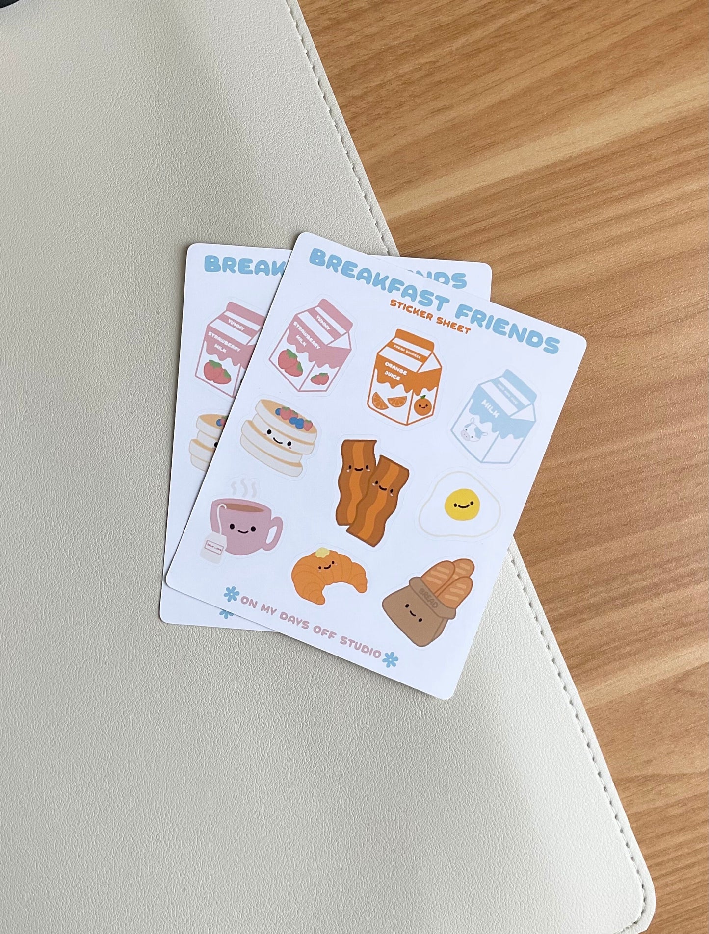 This Breakfast Friends stationery sticker sheet featured 9 kawaii breakfast food illustrations, including strawberry milk, orange juice, milk carton, pancakes, baccon, egg, croissant, tea and french bread. These glossy stickers are perfect for planners and bullet journals. 