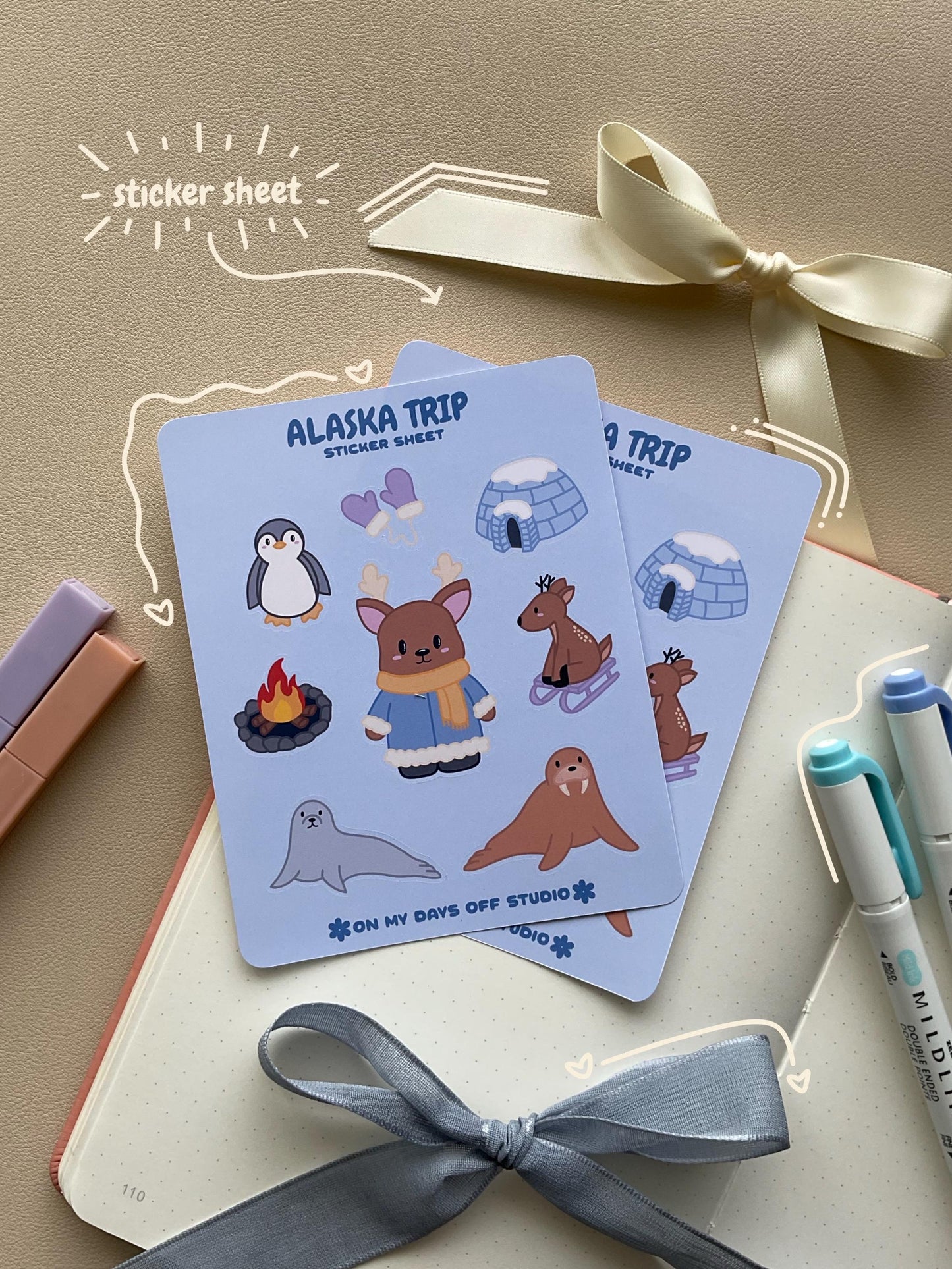This stationery sticker sheet features a Alaska theme and has 9 colorful illustrations, including reindeer, walrus, penguin, igloo, seal and more. These glossy stickers are perfect for planners and bullet journals. 
