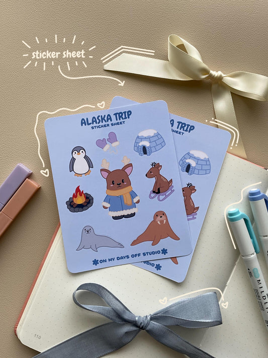 This stationery sticker sheet features a Alaska theme and has 9 colorful illustrations, including reindeer, walrus, penguin, igloo, seal and more. These glossy stickers are perfect for planners and bullet journals. 