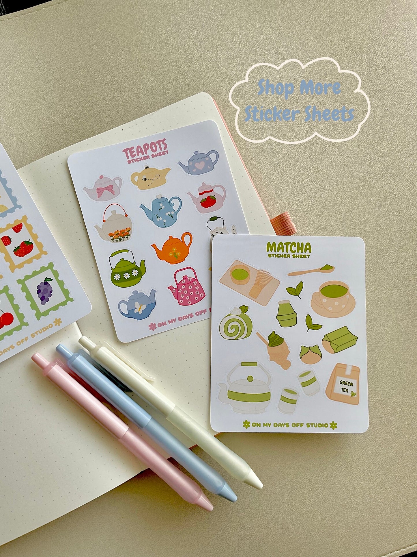 featuring 4 different sticker sheets to show what is available in my shop including fruity stamps, let's bake, teapots and matcha. 