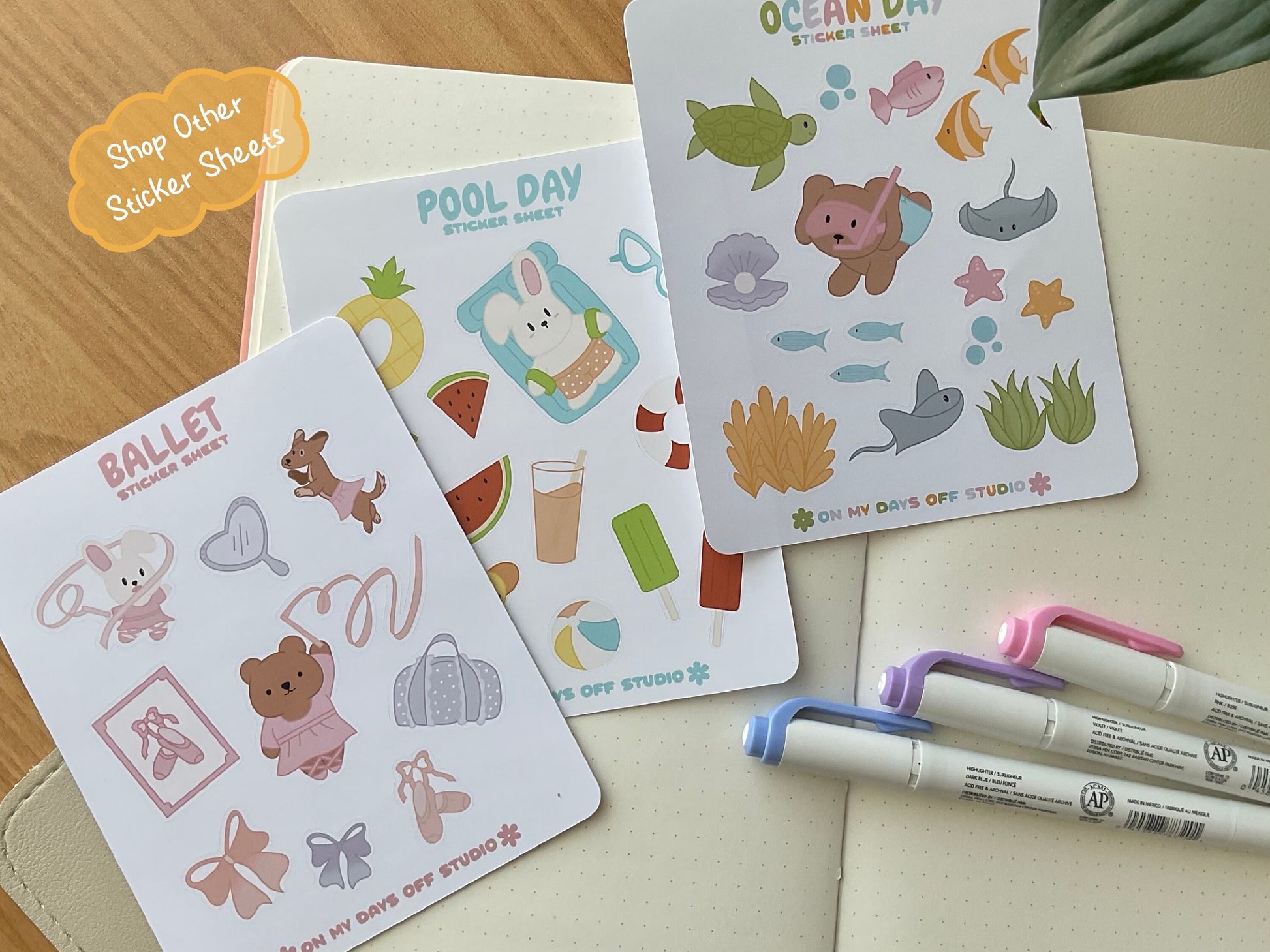 3 sticker sheets available in my shop. Ballet, pool day and ocean day sticker sheets