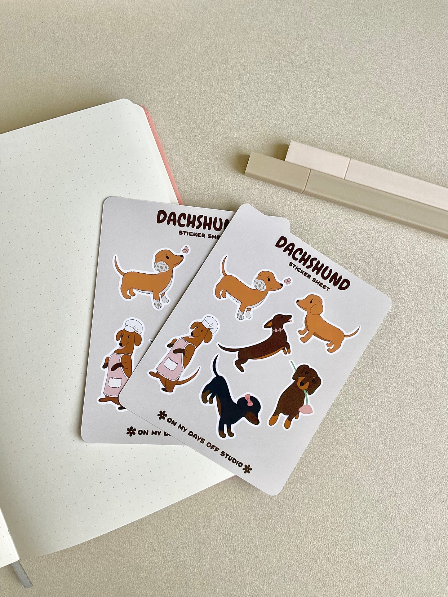 This stationery sticker sheet features 6 Dachshund puppy themed illustrations. These stationery stickers are glossy and perfect for all your planner and bullet journal needs.