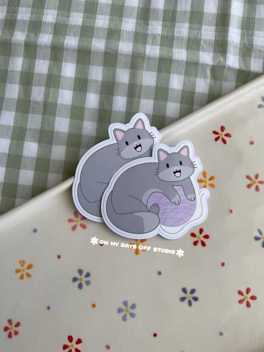 Grey Cat & Yarn Vinyl Sticker