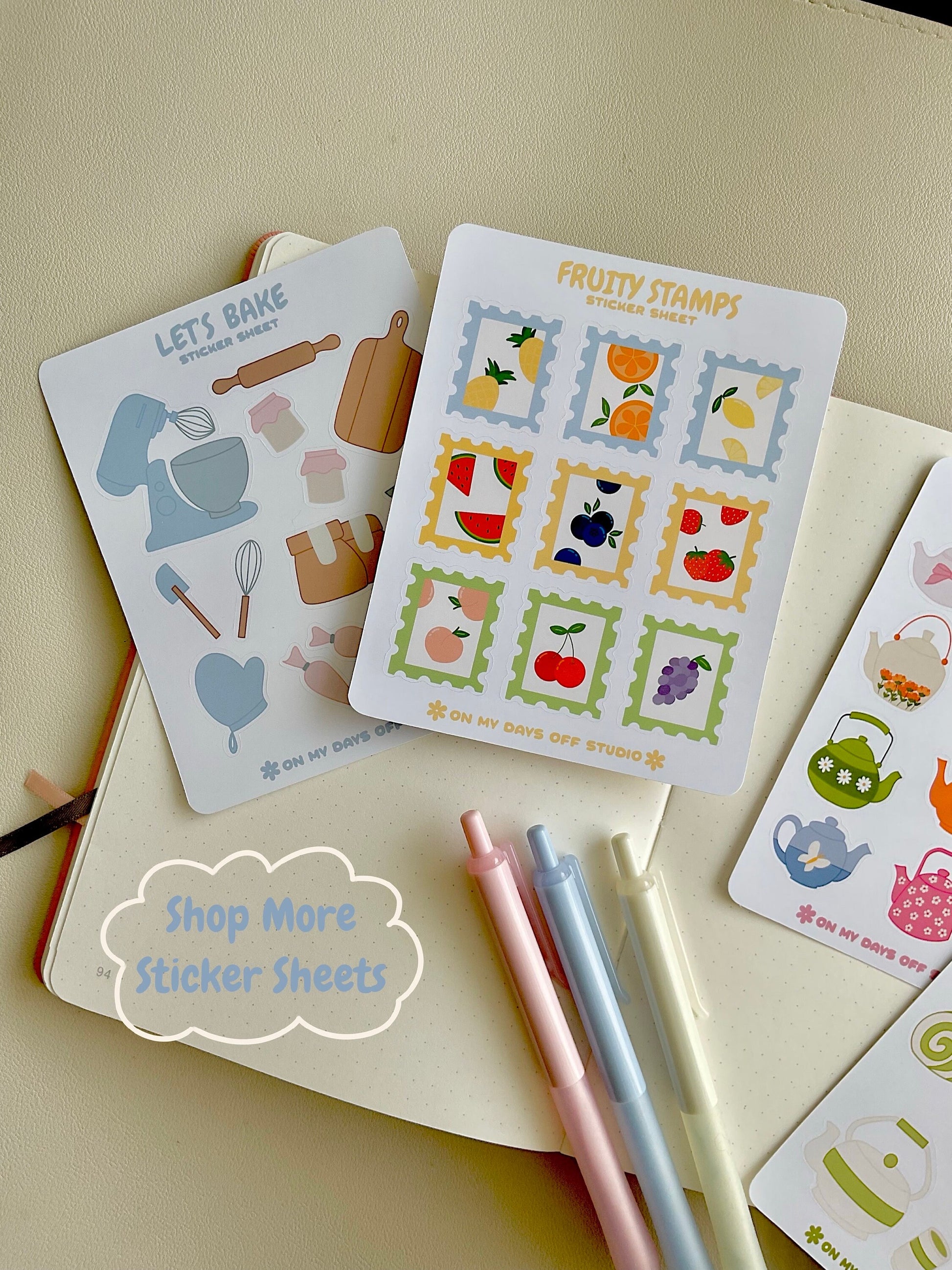 featuring 4 different sticker sheets to show what is available in my shop including fruity stamps, let's bake, teapots and matcha. 