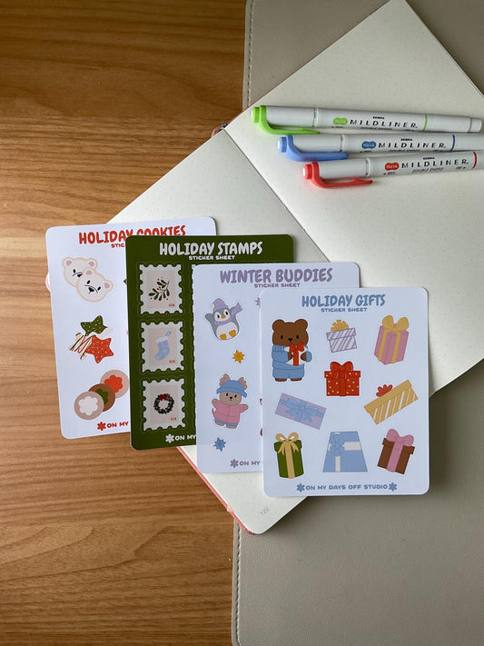 This stationery sticker sheet set of 4 features a holiday theme illustrations. It comes with our Holiday Stamps, Holiday Cookies, Winter Buddies and Holiday Gifts sticker sheets. These glossy stickers are perfect for planners and bullet journals.&nbsp;