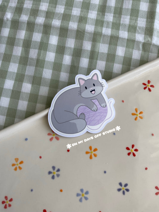 Grey Cat & Yarn Vinyl Sticker