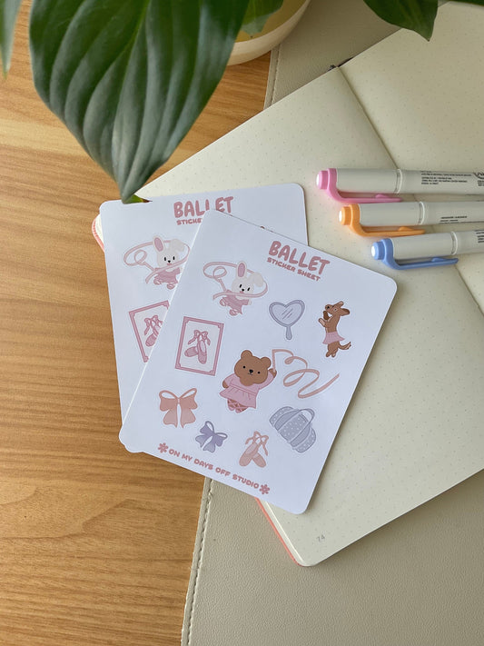 This stationery sticker sheet features a ballet core theme and has 9 colorful illustrations. These illustrations include a ballerina bear, ballerina bunny, ballerina dog and some other ballet items. These glossy stickers are perfect for planners and bullet journals.&nbsp;