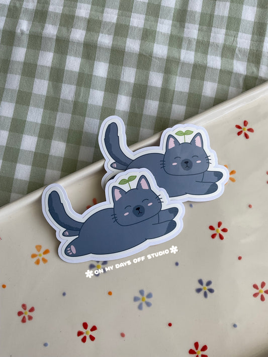 Lazy Grey Sprout Kitty Vinyl Sticker