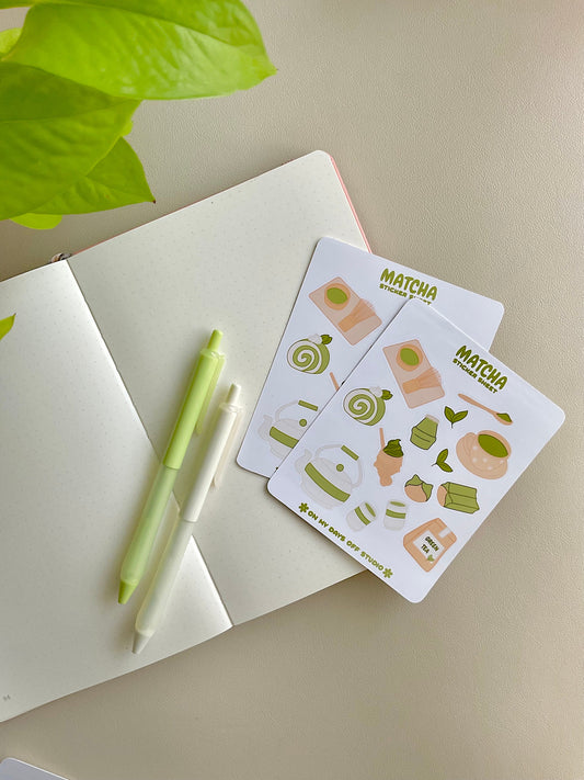 This stationery sticker sheet features a green tea theme and has 13 colorful illustrations. These illustrations include matcha cup, green tea cake roll, matcha leaves, green tea ice cream and other green tea good items.These glossy stickers are perfect for planners and bullet journals.&nbsp;