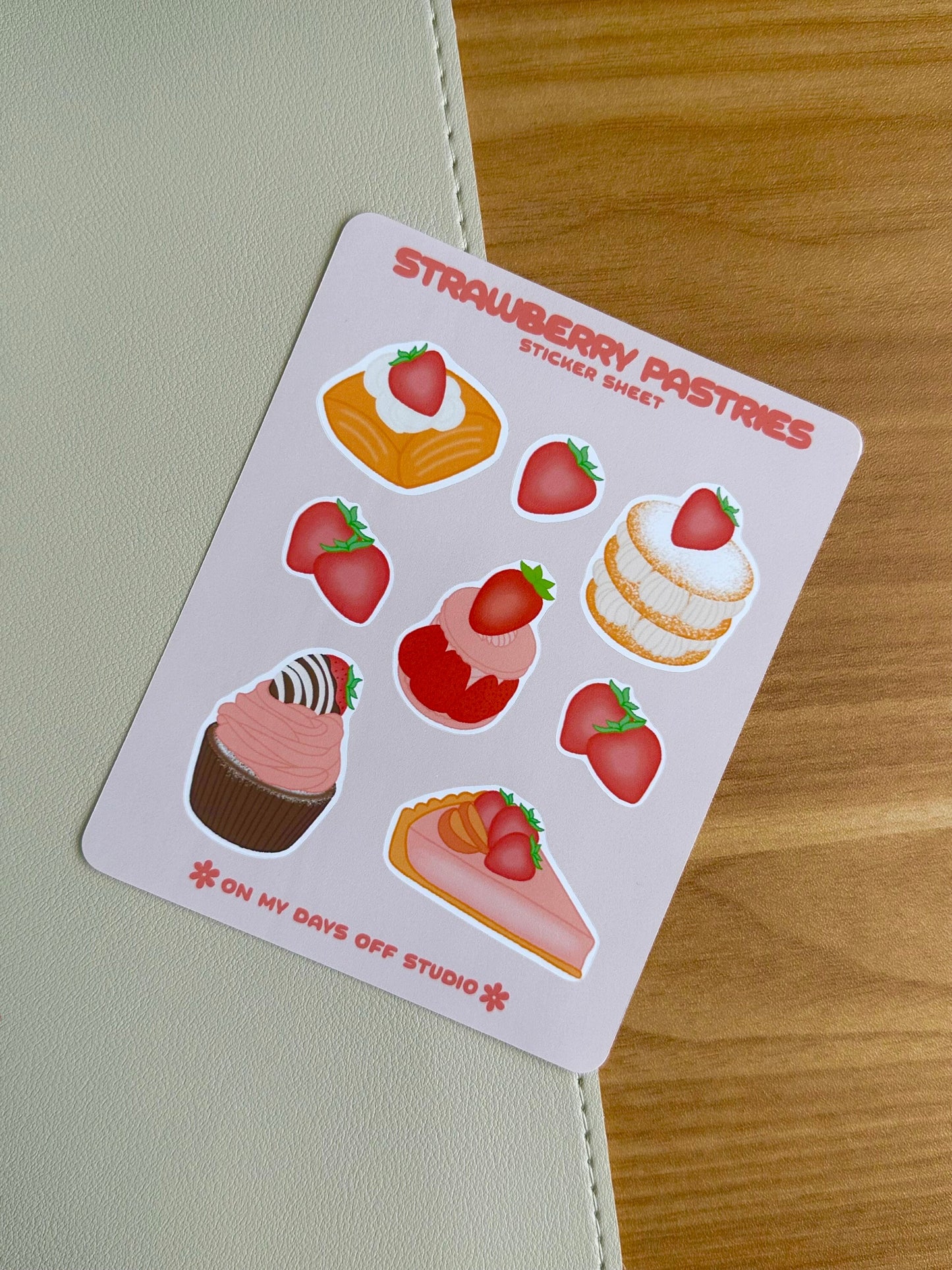 This stationery sticker sheet features 8 strawberry themed pastries illustrations. These stationery stickers are glossy and perfect for all your planner and bullet journal needs.