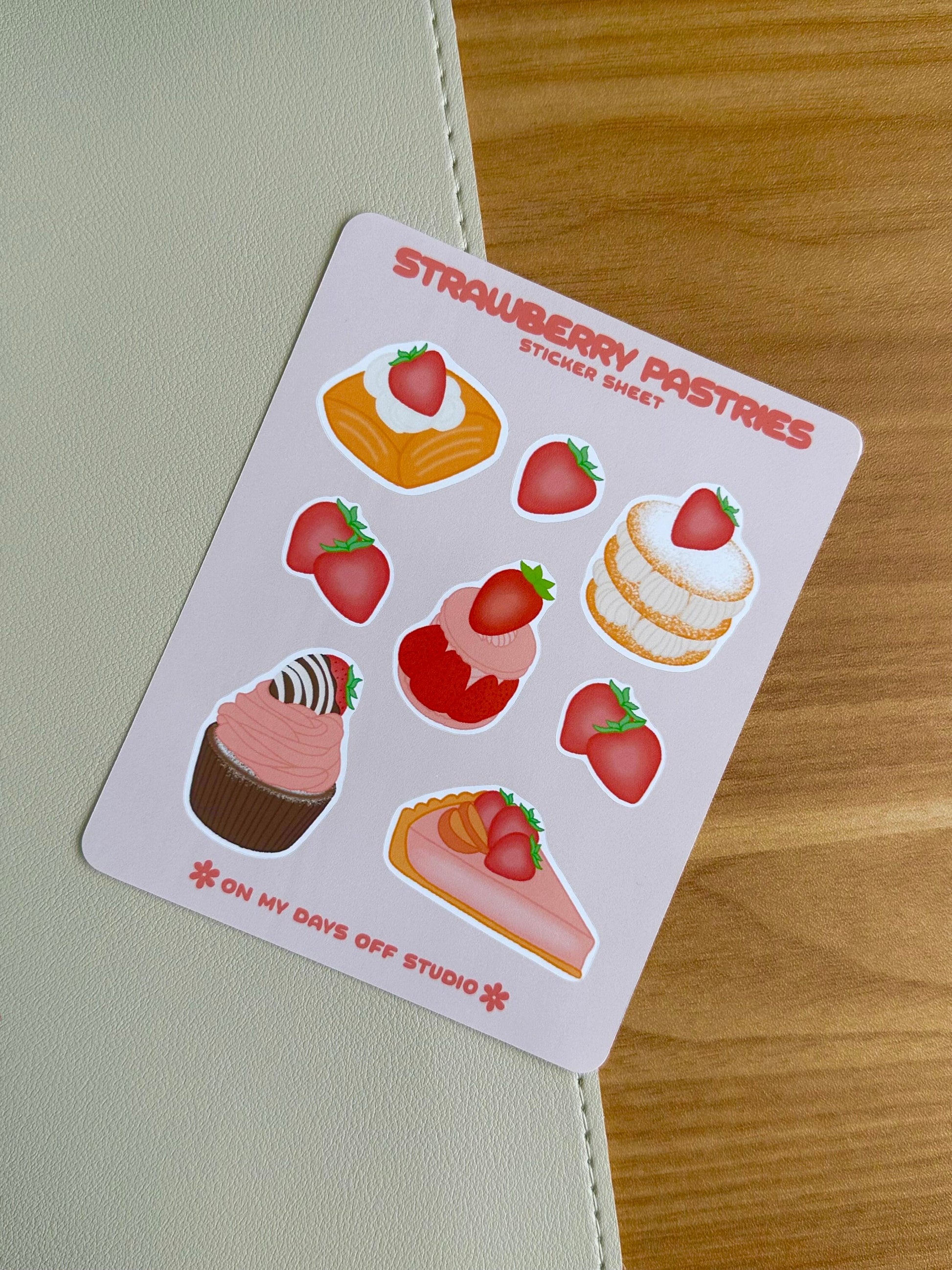 This stationery sticker sheet features 8 strawberry themed pastries illustrations. These stationery stickers are glossy and perfect for all your planner and bullet journal needs.