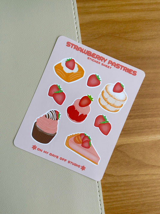 This stationery sticker sheet features 8 strawberry themed pastries illustrations. These stationery stickers are glossy and perfect for all your planner and bullet journal needs.