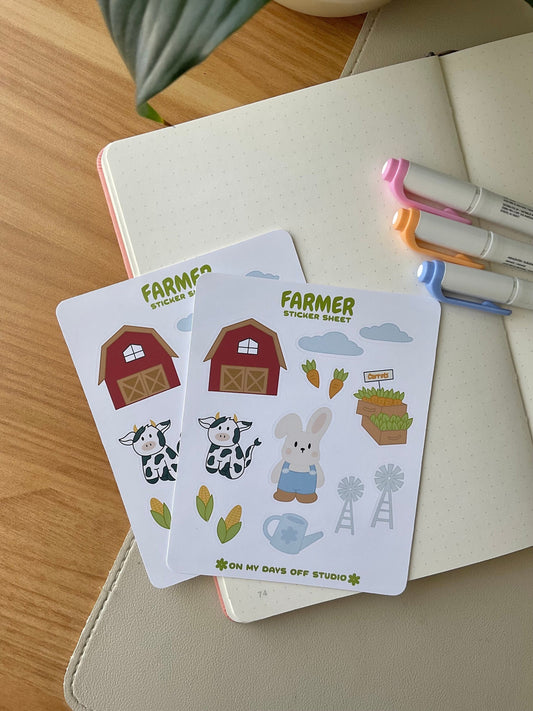  This stationery sticker sheet features a farm theme and has 13 colorful illustrations. These stickers include illustrations like a barn house, clouds, carrots, a bunny farmer, and cow. These glossy stickers are perfect for planners and bullet journals.&nbsp;
