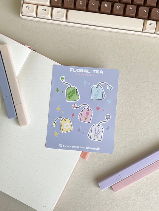 This kawaii floral tea sticker sheet features 5 colorful illustrations. These illustrations feature whimsical tea bags with floral designs. These glossy stickers are perfect for bullet journals and planners.&nbsp;
