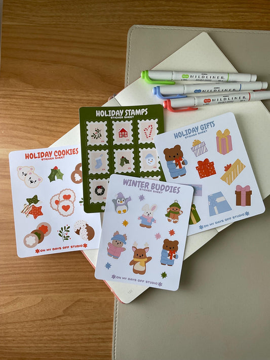 This stationery sticker sheet set of 4 features a holiday theme illustrations. It comes with our Holiday Stamps, Holiday Cookies, Winter Buddies and Holiday Gifts sticker sheets. These glossy stickers are perfect for planners and bullet journals.&nbsp;
