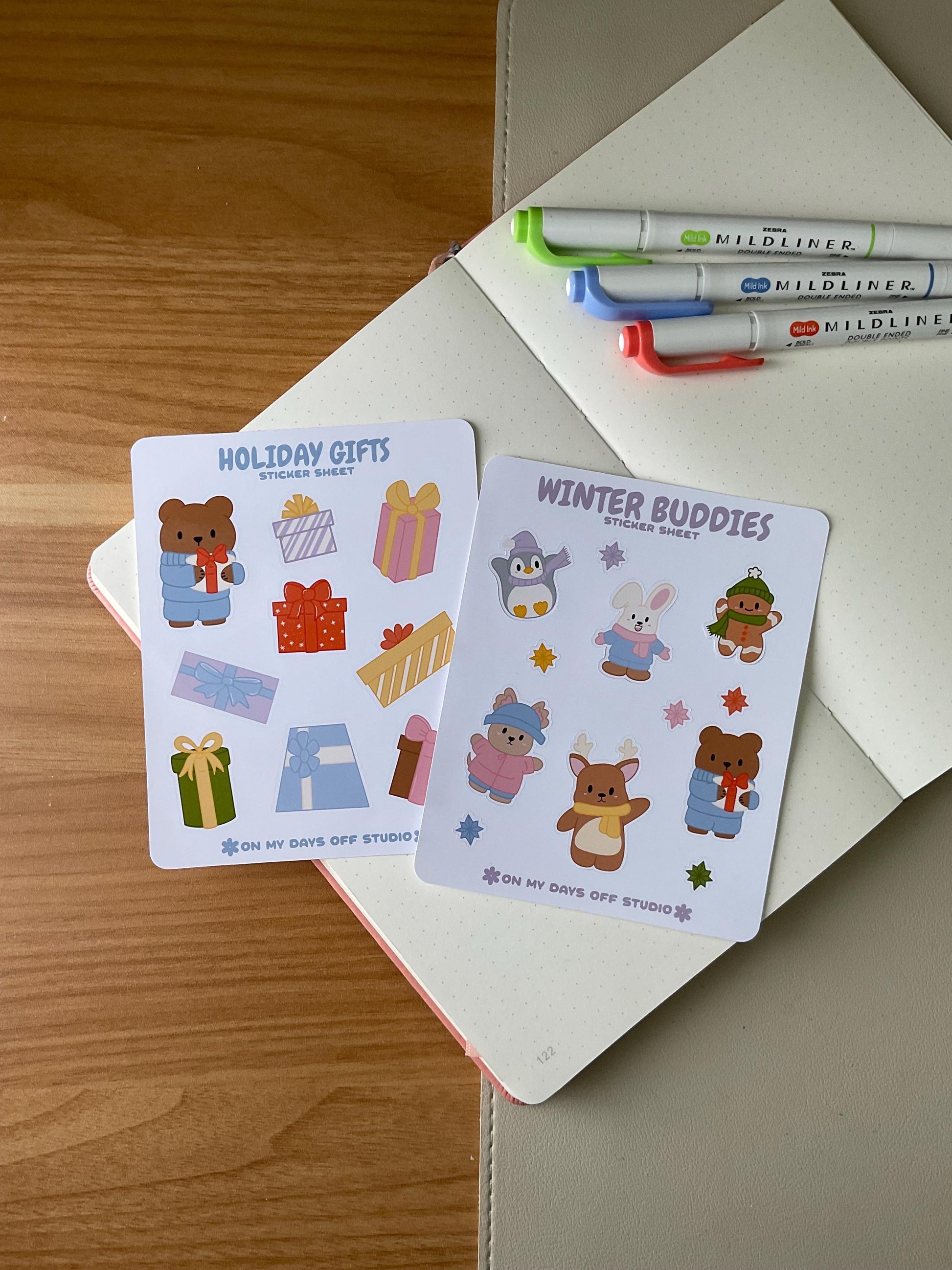 This stationery sticker sheet set of 4 features a holiday theme illustrations. It comes with our Holiday Stamps, Holiday Cookies, Winter Buddies and Holiday Gifts sticker sheets. These glossy stickers are perfect for planners and bullet journals.&nbsp;