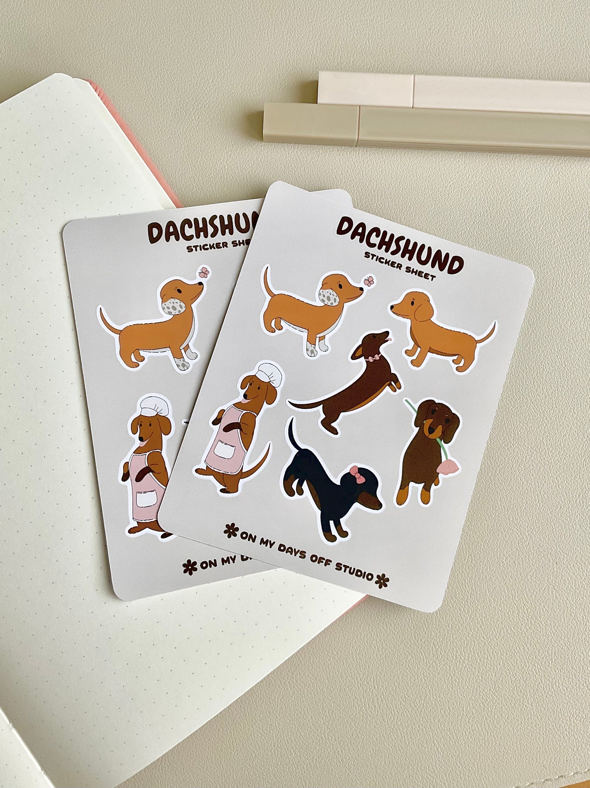 This stationery sticker sheet features 6 Dachshund puppy themed illustrations. These stationery stickers are glossy and perfect for all your planner and bullet journal needs.