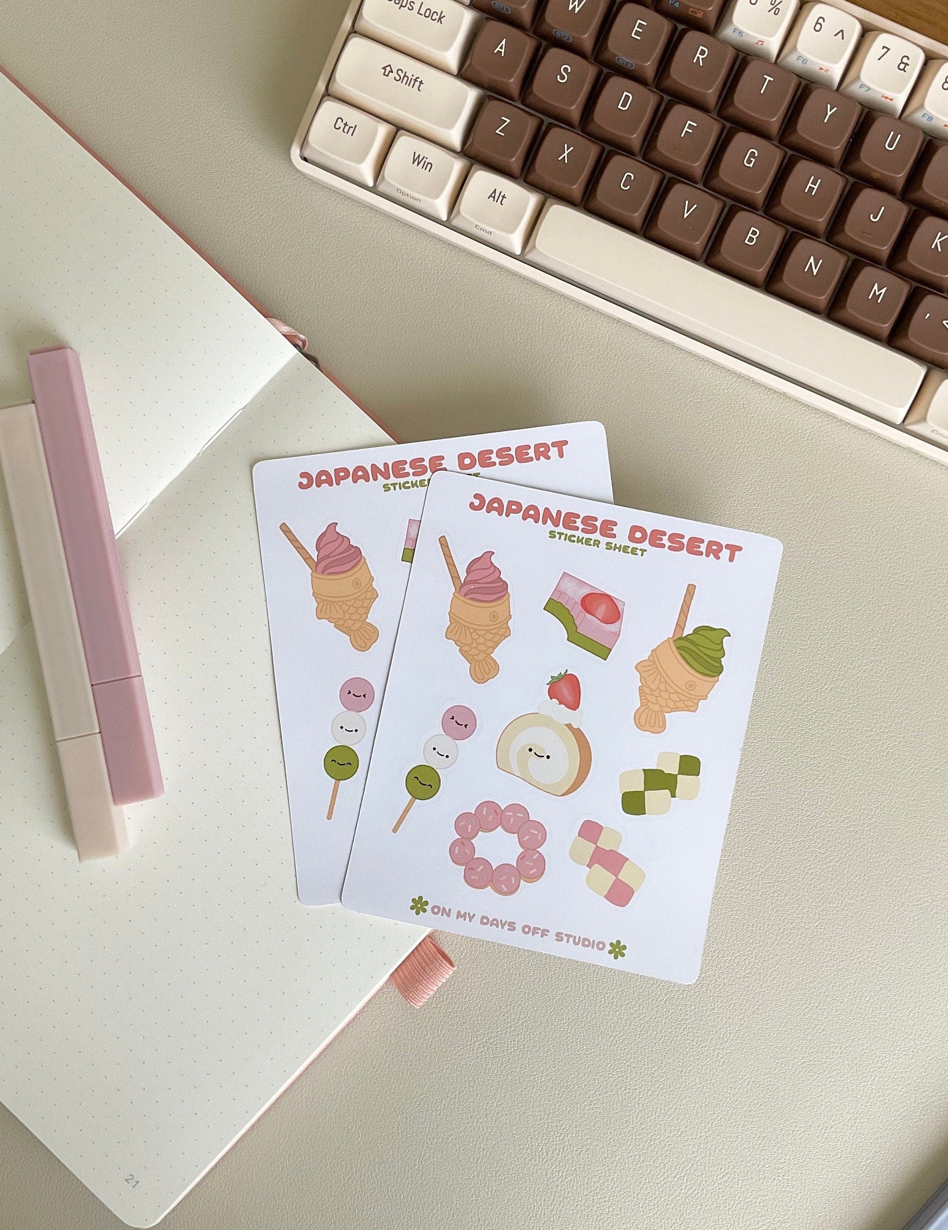This stationery sticker sheet features a Japanese dessert theme and has 8 colorful illustrations. These illustrations include taiyaki, mini cake slice, dango, sugar cookies &amp; mochi donut. These glossy stickers are perfect for planners and bullet journals.&nbsp;