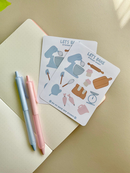 This stationery sticker sheet features a baking theme and has 13 colorful illustrations including a mixer, cutting board, flour, rolling pin and other baking tools. These glossy stickers are perfect for planners and bullet journals.&nbsp;
