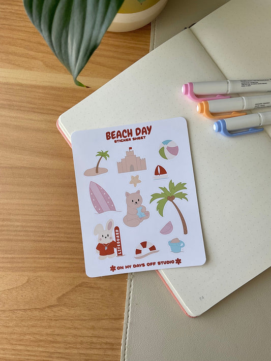This stationery sticker sheet features a beach day theme and has 12 colorful illustrations. These illustrations include a bunny life guard, cat playing with sand, sand castle, palm trees, surf board and beach toys. These glossy stickers are perfect for planners and bullet journals.&nbsp;