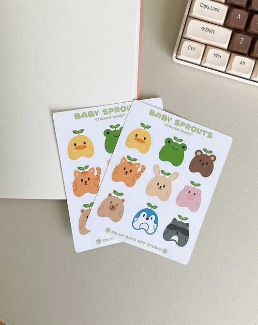This stationery sticker sheet features 9 original baby sprout illustrations. These illustrations include a baby chick, frog, bear, cat, bunny, pig, raccoon and penguin. These stationery stickers are glossy and perfect for all your planner and bullet journal needs.&nbsp;