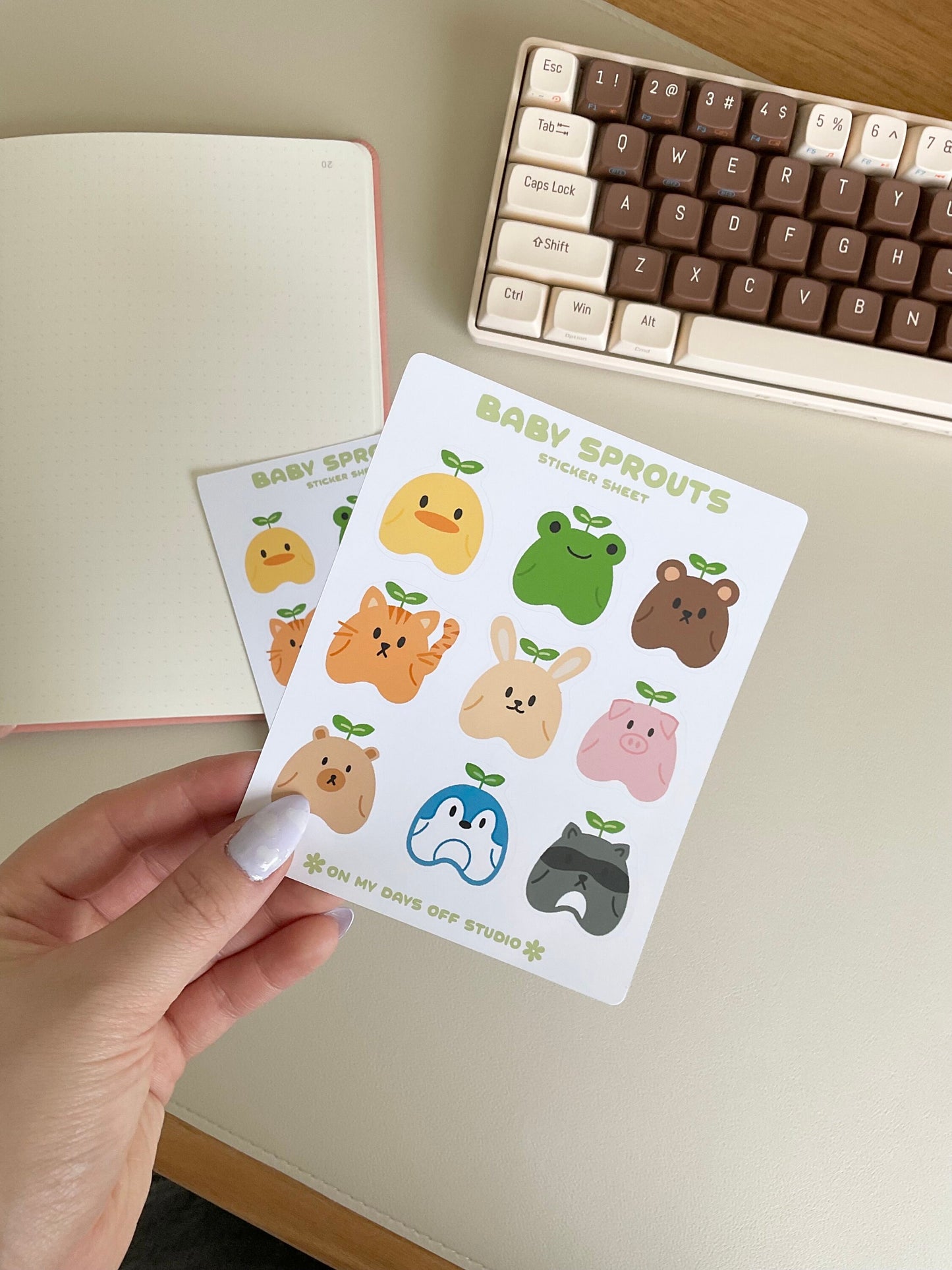 This stationery sticker sheet features 9 original baby sprout illustrations. These illustrations include a baby chick, frog, bear, cat, bunny, pig, raccoon and penguin. These stationery stickers are glossy and perfect for all your planner and bullet journal needs.&nbsp;