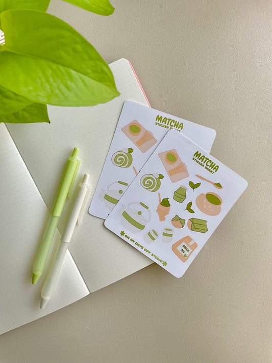 This stationery sticker sheet features a green tea theme and has 13 colorful illustrations. These illustrations include matcha cup, green tea cake roll, matcha leaves, green tea ice cream and other green tea good items.These glossy stickers are perfect for planners and bullet journals.&nbsp;