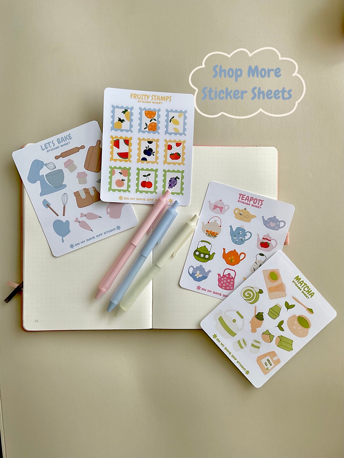 featuring 4 different sticker sheets to show what is available in my shop including fruity stamps, let's bake, teapots and matcha. 