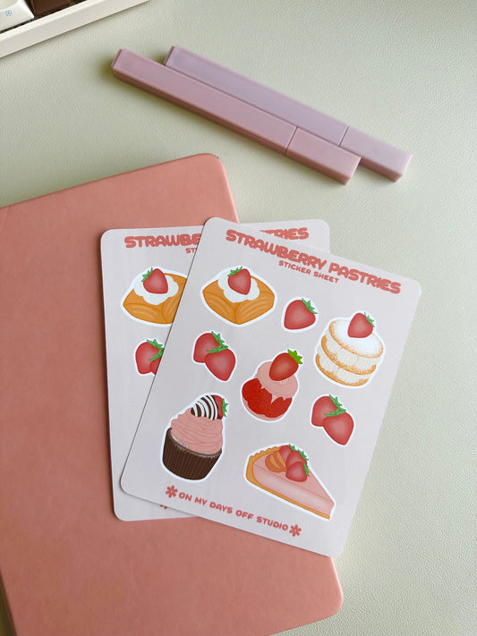This stationery sticker sheet features 8 strawberry themed pastries illustrations. These stationery stickers are glossy and perfect for all your planner and bullet journal needs.
