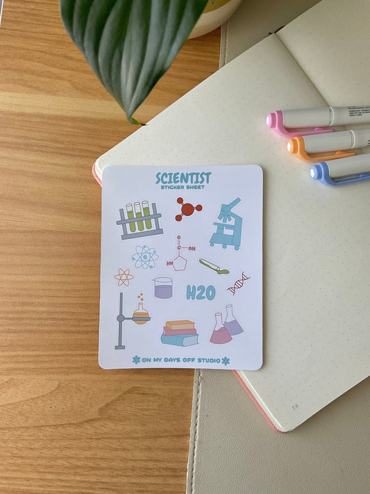 This stationery sticker sheet features a science / chemistry theme and has 13 colorful illustrations. These illustrations include a microscope, test tubes and chemistry related elements. These glossy stickers are perfect for planners and bullet journals.&nbsp;