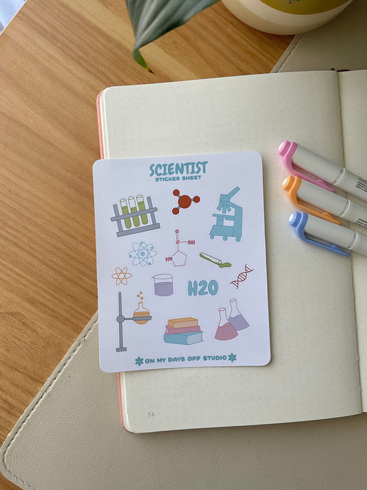 This stationery sticker sheet features a science / chemistry theme and has 13 colorful illustrations. These illustrations include a microscope, test tubes and chemistry related elements. These glossy stickers are perfect for planners and bullet journals.&nbsp;