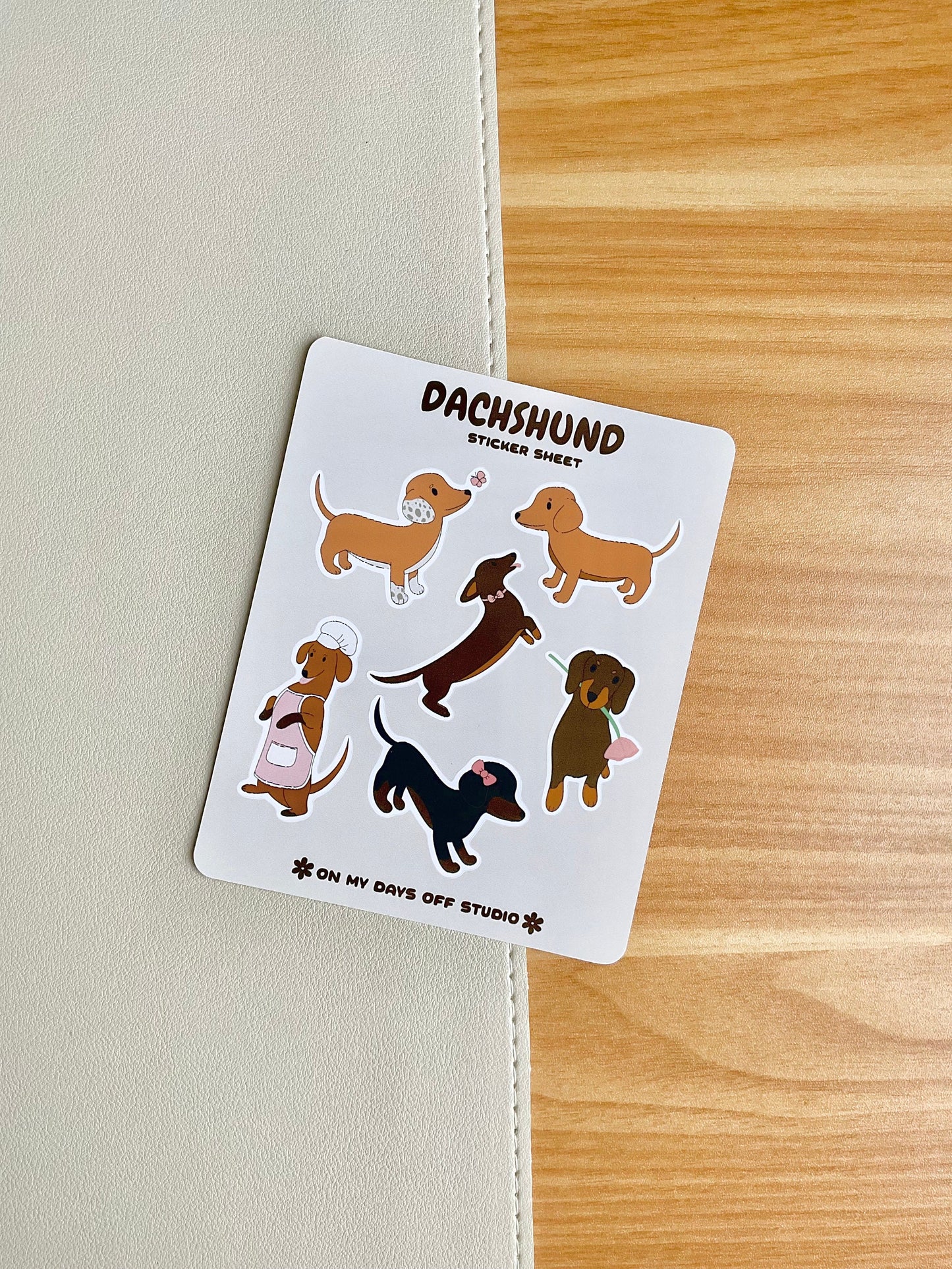 This stationery sticker sheet features 6 Dachshund puppy themed illustrations. These stationery stickers are glossy and perfect for all your planner and bullet journal needs.