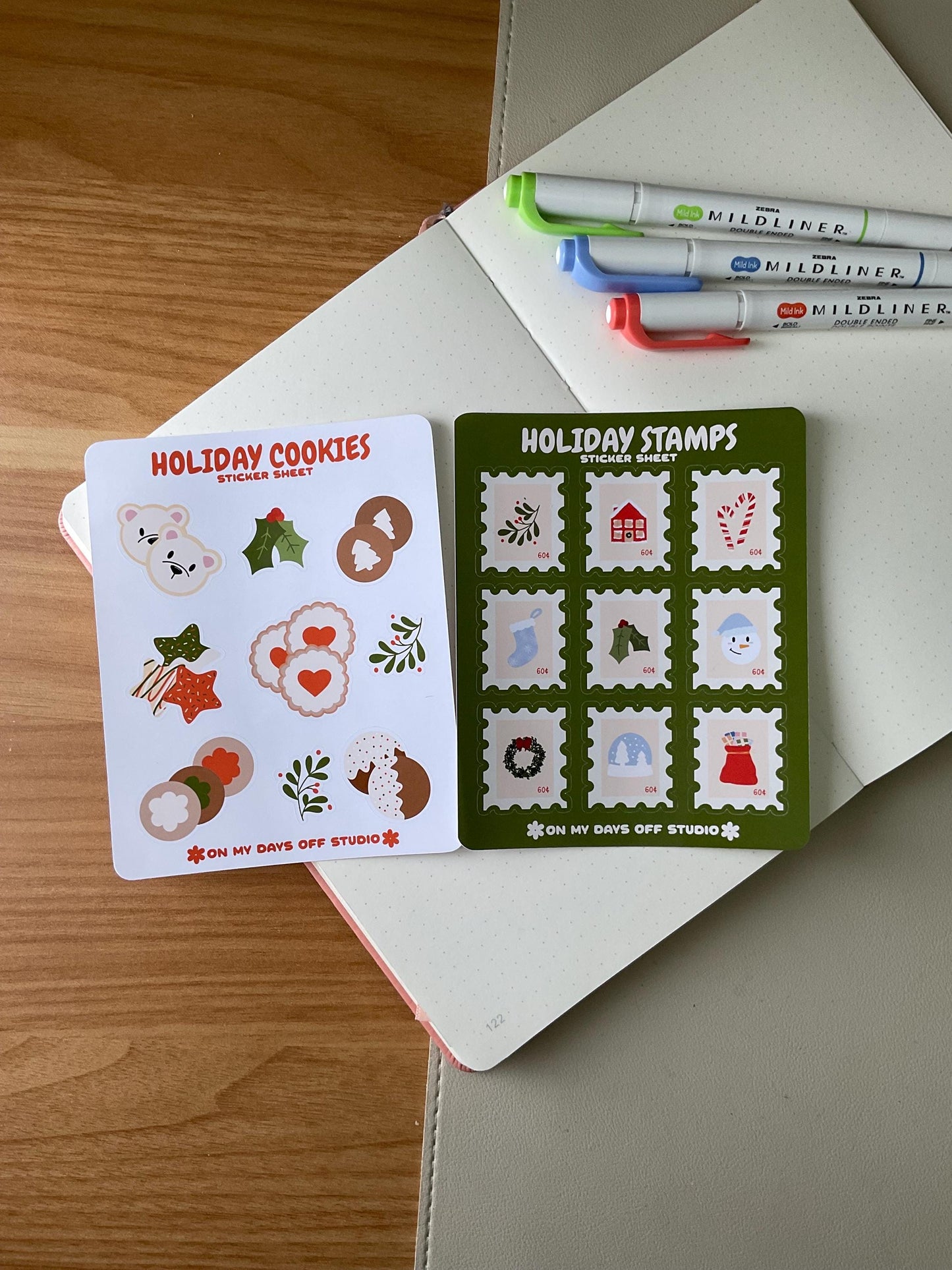 This stationery sticker sheet set of 4 features a holiday theme illustrations. It comes with our Holiday Stamps, Holiday Cookies, Winter Buddies and Holiday Gifts sticker sheets. These glossy stickers are perfect for planners and bullet journals.&nbsp;