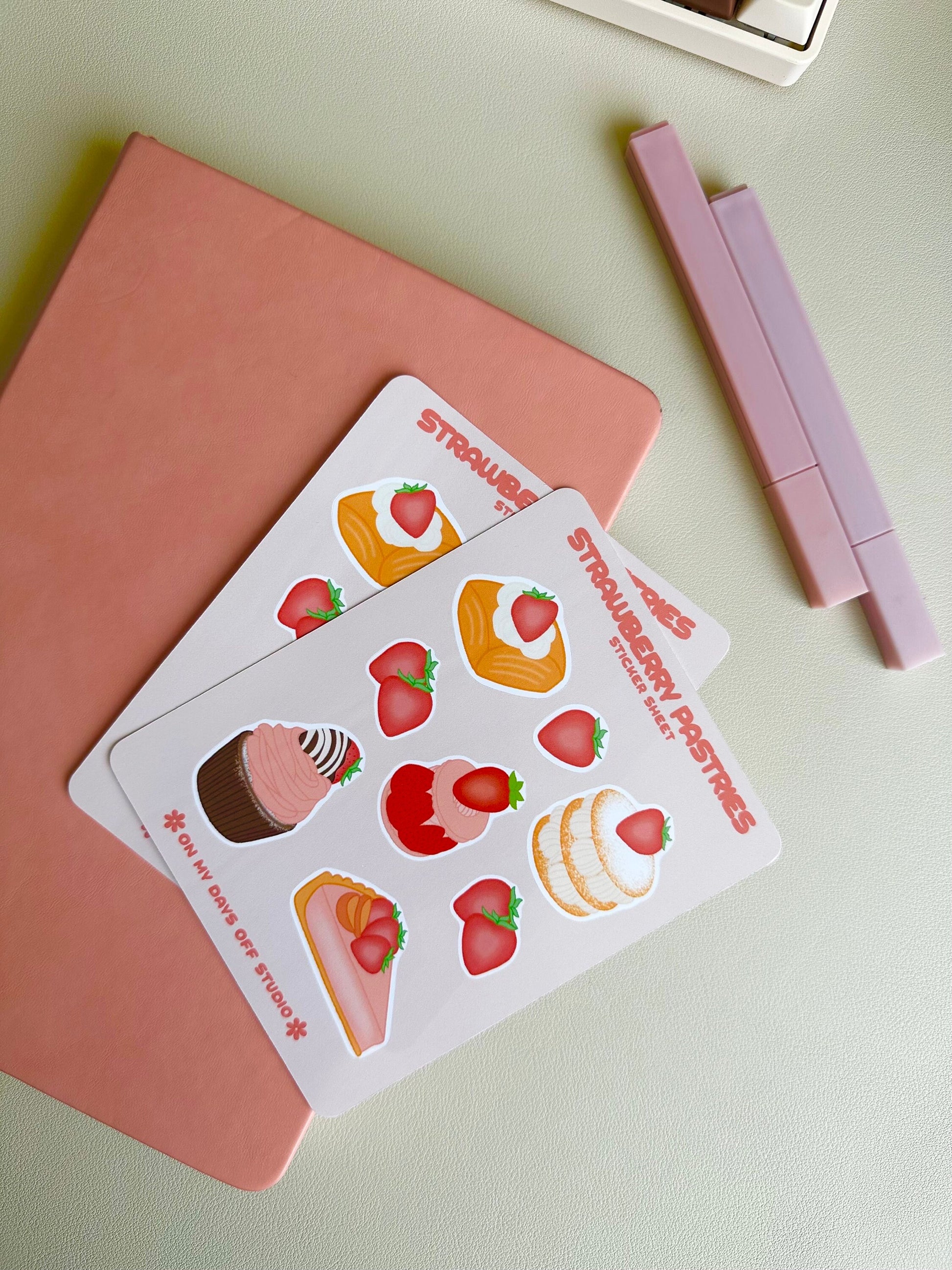 This stationery sticker sheet features 8 strawberry themed pastries illustrations. These stationery stickers are glossy and perfect for all your planner and bullet journal needs.