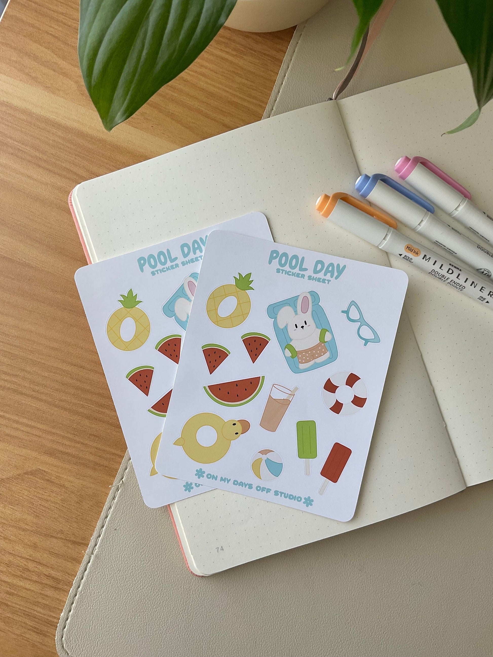 This stationery sticker sheet features a pool day theme and has 12 colorful illustrations. These adorable illustration includes a bunny in swim trunks, pool floats, watermelon, summer drinks, popsicles, and beach ball. These glossy stickers are perfect for planners and bullet journals.&nbsp;