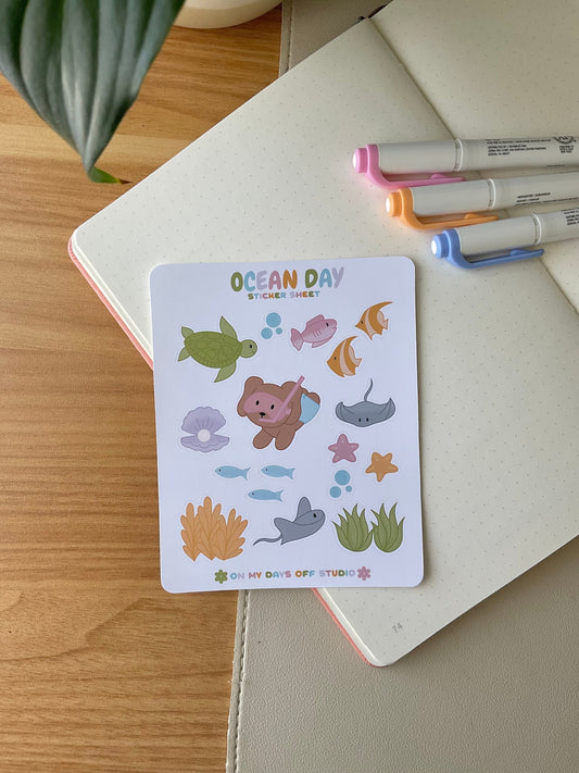 This stationery sticker sheet features a ocean sea animal &amp; snorkeling theme and has 17 colorful illustrations. These illustration include a snorkeling dog, turtle, fishes, sting ray, and other sea creatures / plants. These glossy stickers are perfect for planners and bullet journals.&nbsp;
