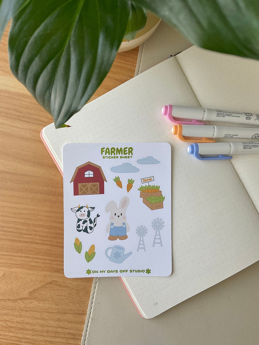  This stationery sticker sheet features a farm theme and has 13 colorful illustrations. These stickers include illustrations like a barn house, clouds, carrots, a bunny farmer, and cow. These glossy stickers are perfect for planners and bullet journals.&nbsp;