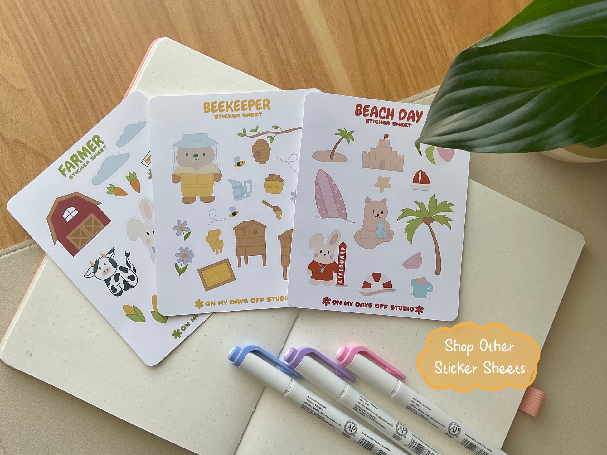 Featuring other sticker sheets available in my shop along the Ocean Day Sticker Sheet. This includes a Farmer, Beekeeper and Beach Day sticker sheets.