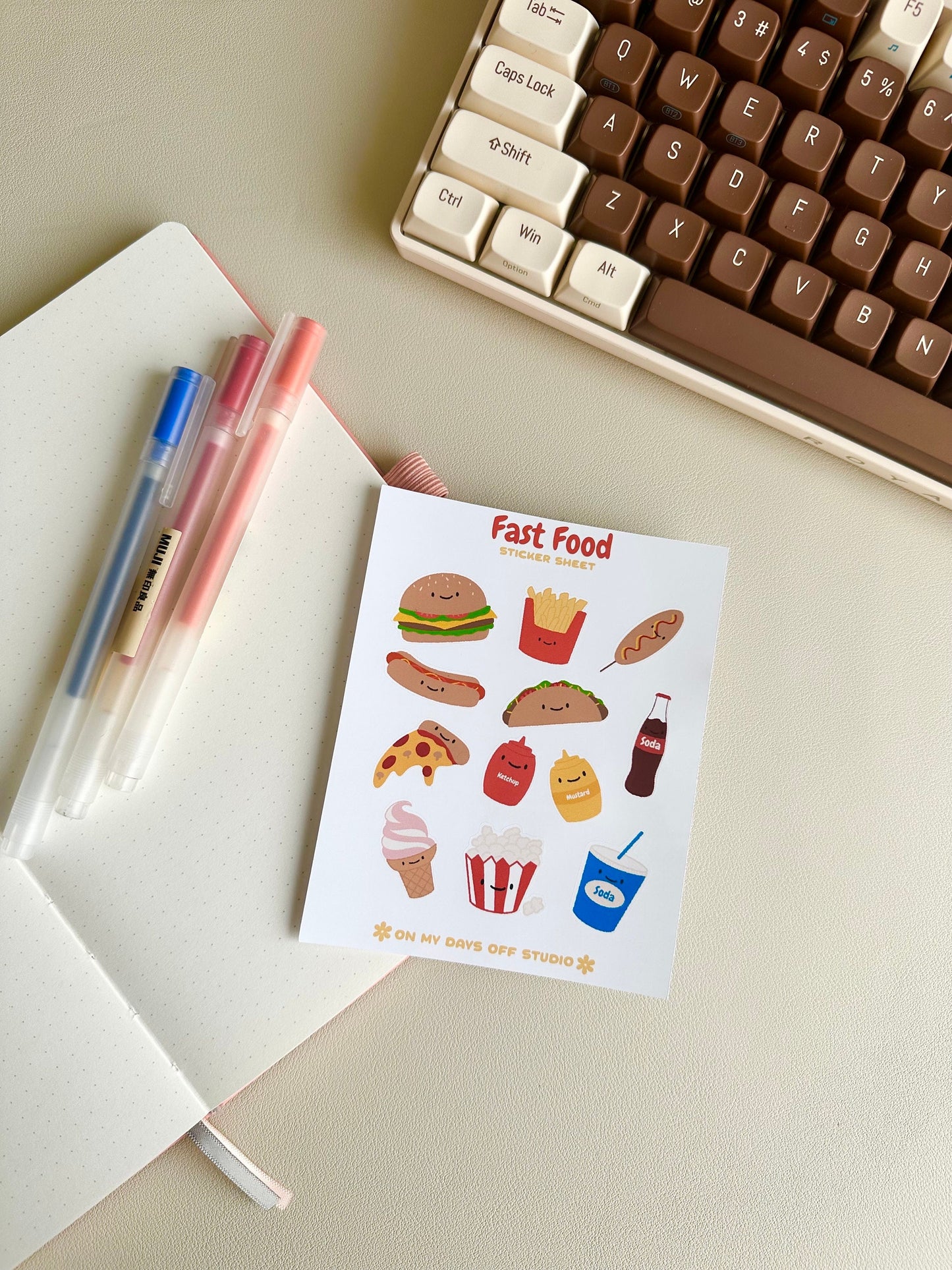 This stationery sticker sheet features an American fast food theme and has 12 colorful illustrations. These food illustrations include classics like hamburger, fries, corn dog, soda, pizza and much more. These glossy stickers are perfect for planners and bullet journals.