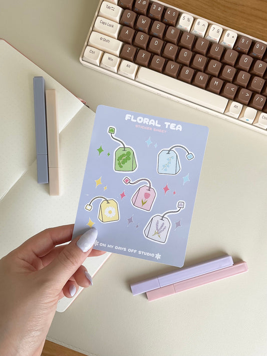 This kawaii floral tea sticker sheet features 5 colorful illustrations. These illustrations feature whimsical tea bags with floral designs. These glossy stickers are perfect for bullet journals and planners.&nbsp;