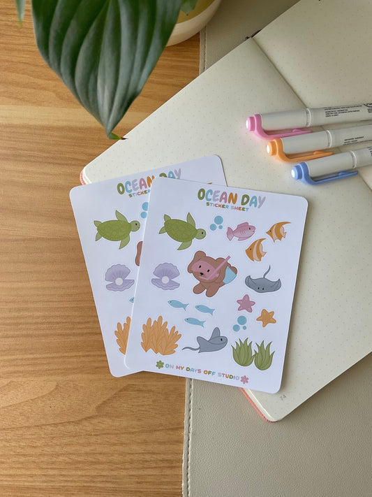 This stationery sticker sheet features a ocean sea animal &amp; snorkeling theme and has 17 colorful illustrations. These illustration include a snorkeling dog, turtle, fishes, sting ray, and other sea creatures / plants. These glossy stickers are perfect for planners and bullet journals.&nbsp;