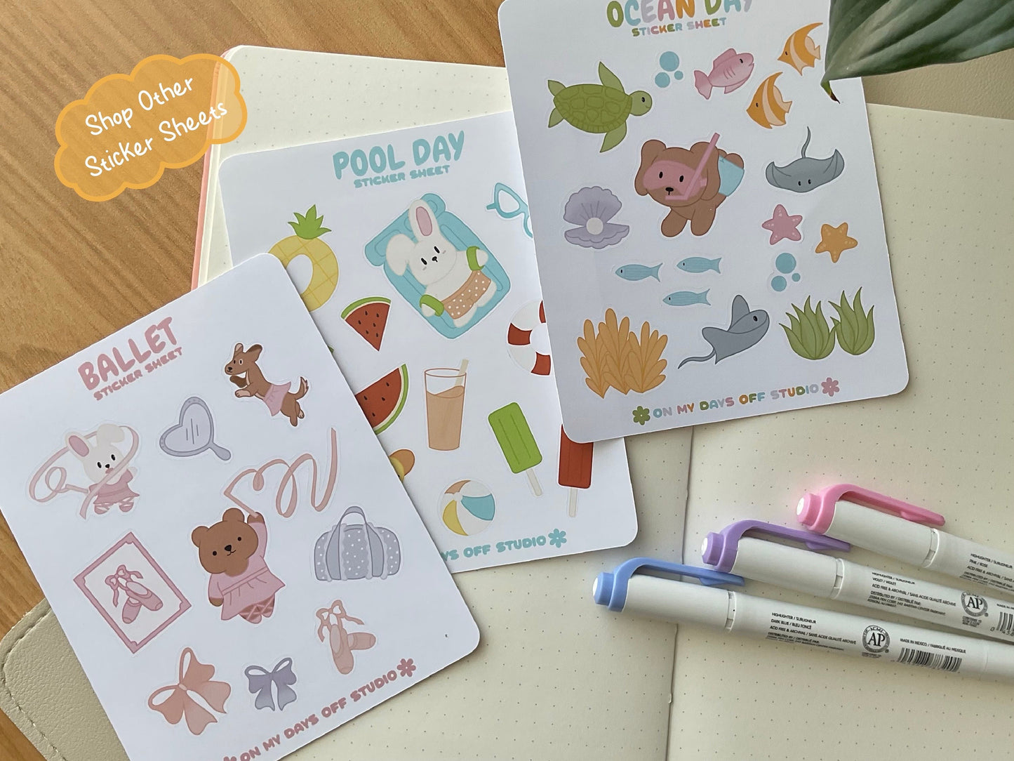 Other sticker sheets available in my shop! Including a ballet, pool day and ocean day sticker sheets with illustrations of kawaii animals.