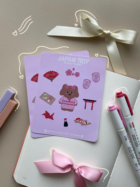 This stationery sticker sheet features a Japan theme and has 10 colorful illustrations, including a dog in a Japanese traditional dress, hand fan, green tea, matcha set, cherry blossoms, sushi and more. These glossy stickers are perfect for planners and bullet journals.&nbsp;