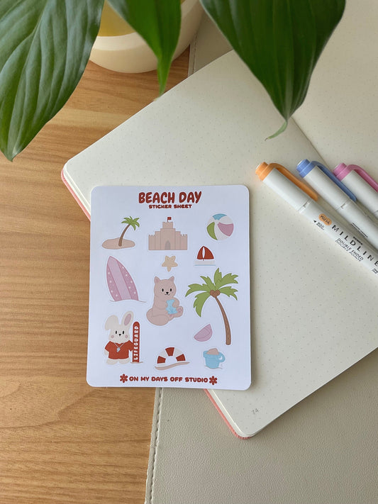 This stationery sticker sheet features a beach day theme and has 12 colorful illustrations. These illustrations include a bunny life guard, cat playing with sand, sand castle, palm trees, surf board and beach toys. These glossy stickers are perfect for planners and bullet journals.&nbsp;